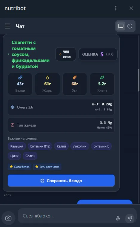 Скриншот проекта Nutri Bot — дневник питания — Бот и приложение в Telegram